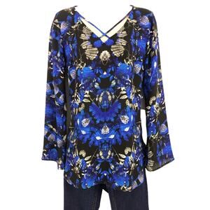 Express Black and Blue Floral Tunic Length Top Caged Criss Cross Accent Neckline
